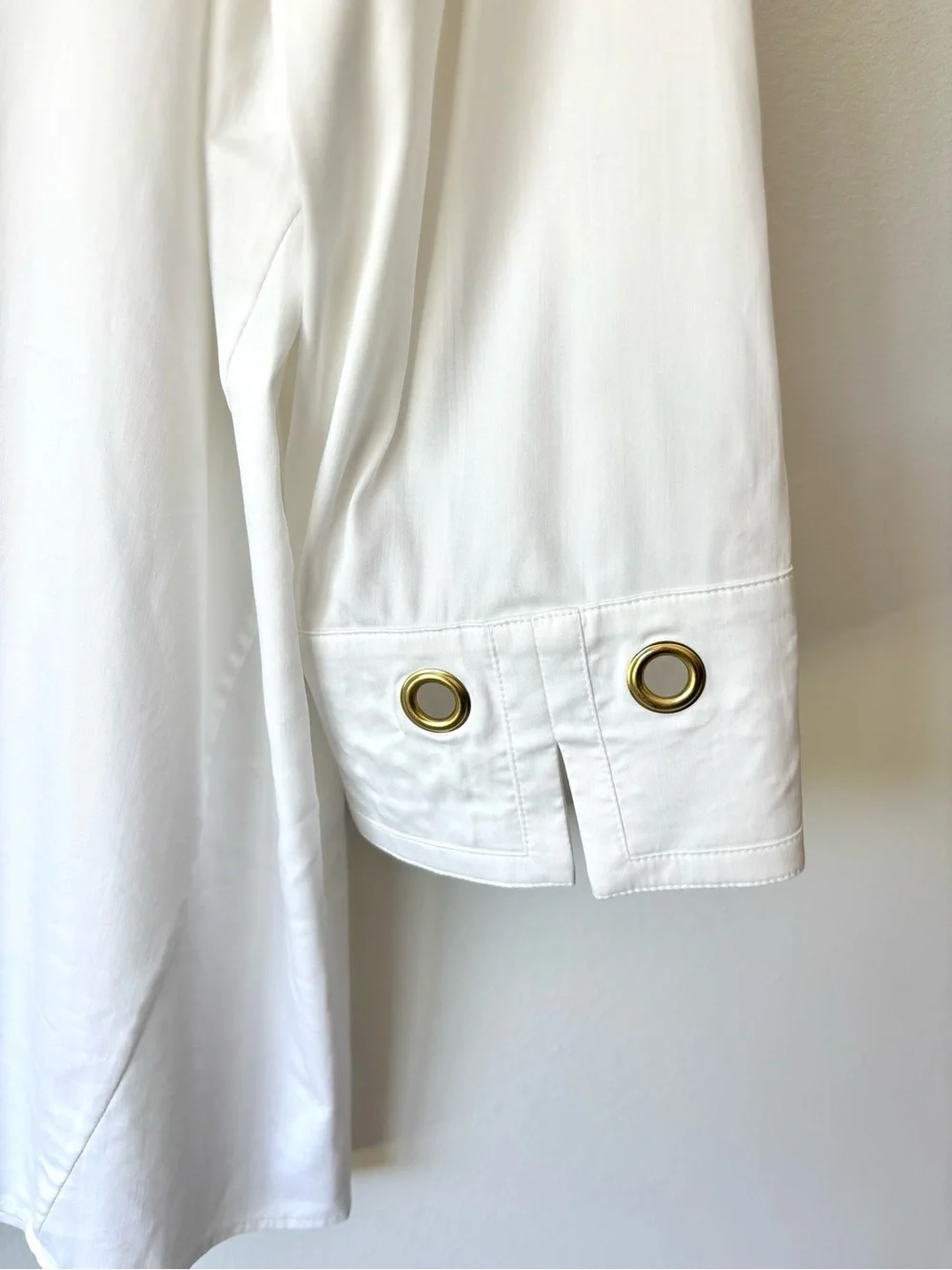 Ming Wang White Sheer Button Down Blouse Gold Grommet Eyelet Quiet Luxury